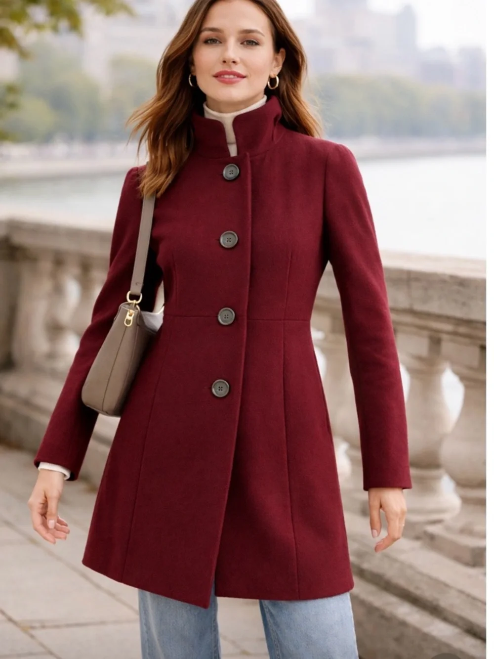 J. CREW Women's Burgundy Stand-Collar Wool Pea Coat Size 2 - Picture 1 of 5